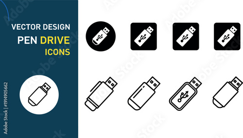 Minimal vector set of USB flash drive and pen drive icons in flat and line style for technology design