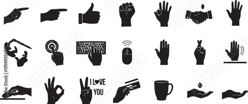 Black hand gestures and signs on white background