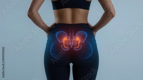 Human Pelvis and Spine Anatomy Overlay Highlighting Musculoskeletal Pain, Rehabilitation, Orthopedic Care and Healthcare