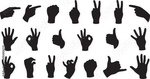 Black hand silhouettes in various gestures on white background sign