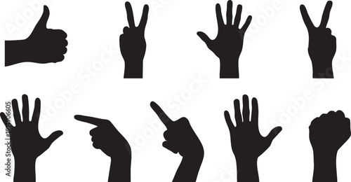 Black silhouette hands making gestures on white background silhouettes thumbs up peace signs