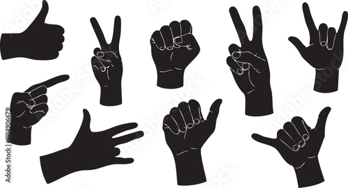 Black silhouette hands making gestures silhouettes white background