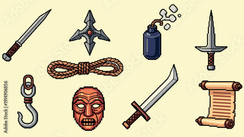 Pixel art medieval weapons and tools collection
