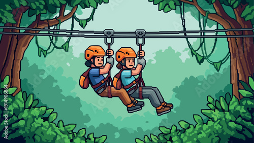Adventure duo ziplining through lush jungle canopy