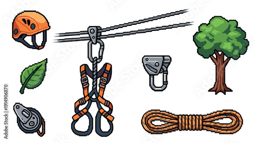 Pixel art adventure gear: zipline helmet, harness, and nature elements