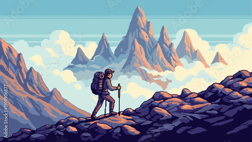 Retro pixel art of hiker on mountain trail with clouds and peaks