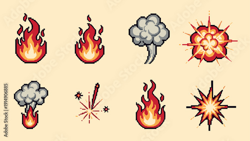 Pixel art explosions and fire icons: retro style elements for gaming and design