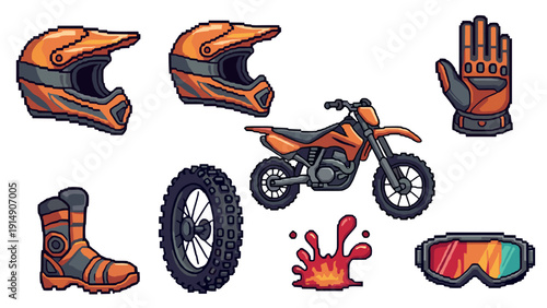 Pixel art motocross gear and accessories in vibrant orange tones