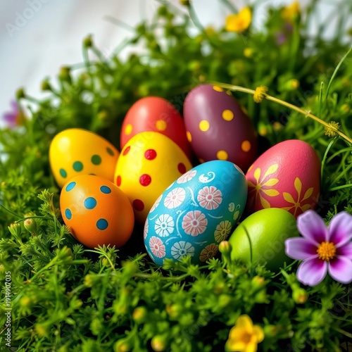 Hand-painted wooden eggs in vibrant spring colors nestled in a bed of fresh green moss,  handmade,  lively colors