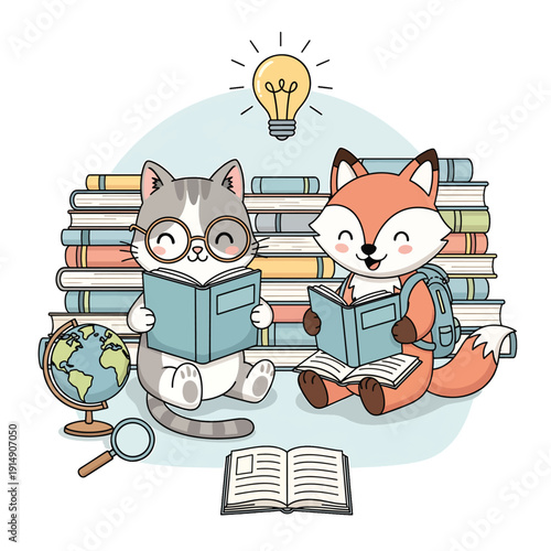 Curious Cat and Fox Reading Together