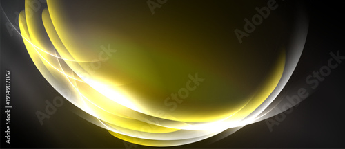 Golden curves flow across dark background. Bright light creates dynamic, elegant visual effect. Smooth shapes suggest movement, energy.