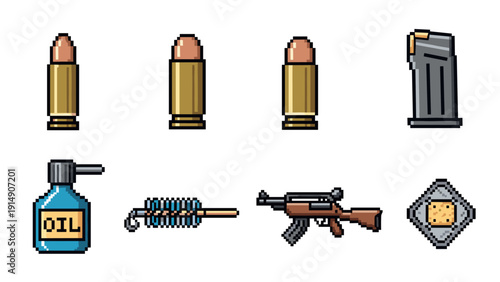 Pixel art ammunition and weapon icons set for games