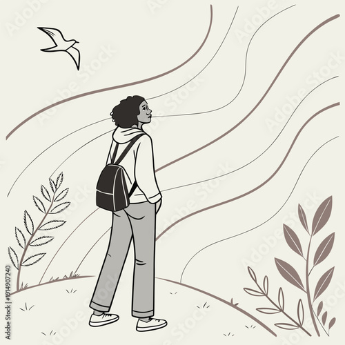 Young man and woman walking in park silhouette illustration vector drawing