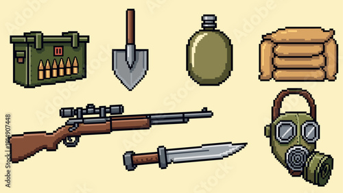 Pixel art military gear: rifle, shovel, gas mask, and more