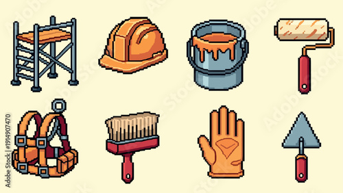 Pixel art construction tools set: hard hat, paint roller, safety gear, and more
