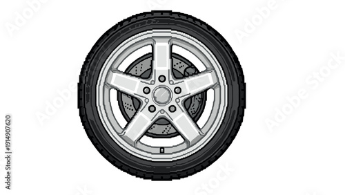 Retro pixel art car wheel with five-spoke design on white background