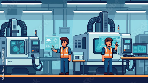 Advanced manufacturing facility with engineers operating cnc machines in a modern pixel art style