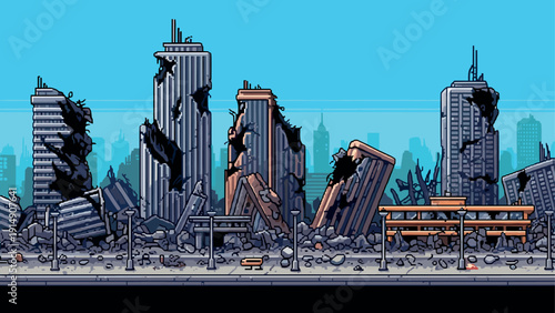 Pixel art cityscape of ruined skyscrapers in post-apocalyptic scene