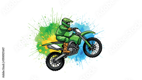 Dynamic motocross rider in action with colorful ink splash background