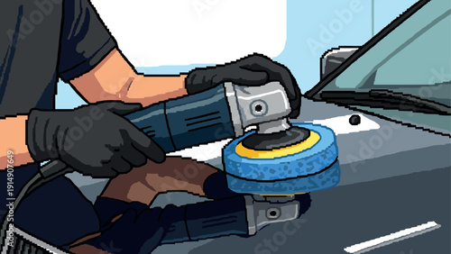 Car detailing with buffer tool in retro pixel art style