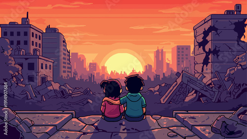 Retro pixel art: sunset serenity amidst urban ruins
