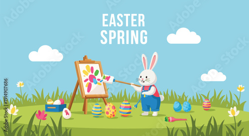 Cute artistic easter bunny painting vibrant colors onto a canvas with an easel outdoors during springtime celebration