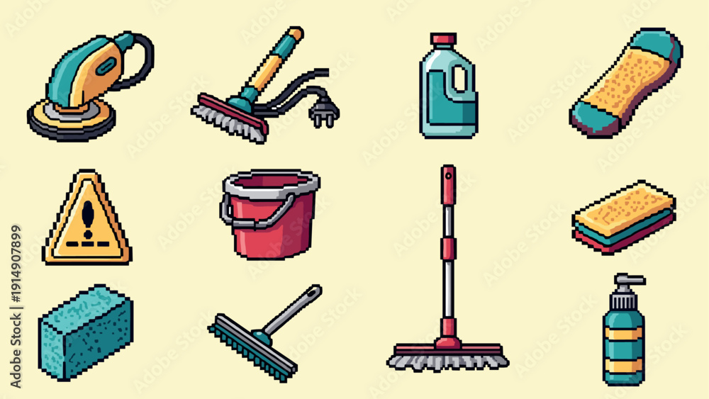 Fototapeta premium Pixel art cleaning tools set with mop, brushes, and detergents