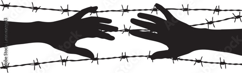 Black silhouette of two hands reaching for each other separated by barbed wire white background