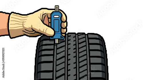 Hand measuring tire tread depth with gauge for safety check