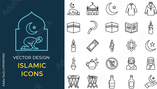 Line icon set of Islamic religious symbols including mosque, prayer, Quran, Kaaba, crescent moon and traditional culture vector design