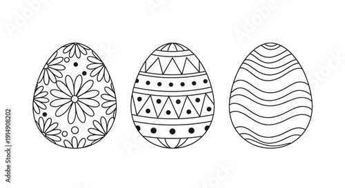 Three beautifully decorated black and white outline easter eggs ready for coloring provide holiday fun for children and adults seeking printable activities.