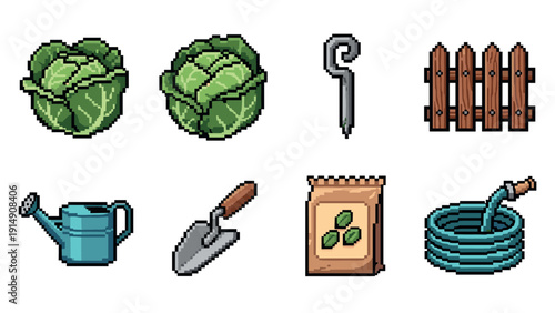 Pixel art gardening tools and vegetables: cabbage, fence, and watering can