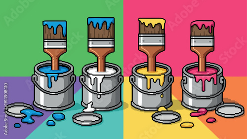 Colorful pixel art paint cans and brushes in pop art style on vibrant background