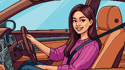 Smiling woman driving a car with brown interior in pixel art style
