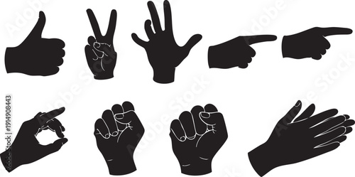 Black silhouettes of hands in various gestures on white background hand silhouettes black and white 2