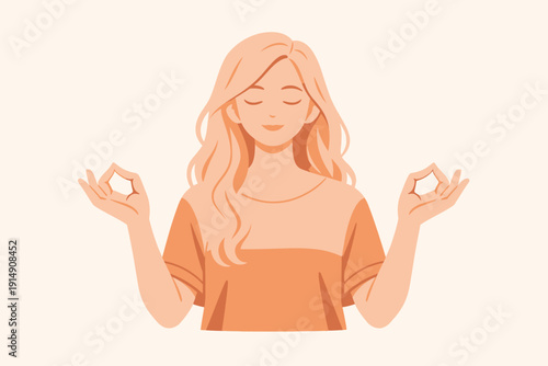 Serene Woman Meditating, Gyan Mudra Gesture. Flat Design Vector Illustration of Mindfulness, Inner Peace, and Mental Health Wellness.