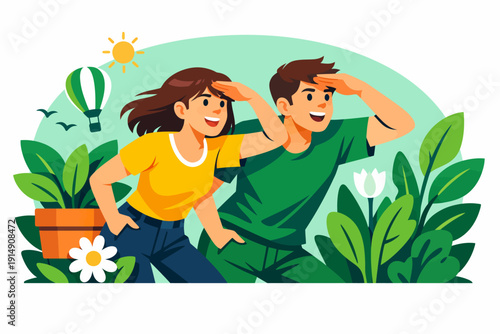 Optimistic Couple Looking Forward and Searching in Nature. Flat Vector Illustration of Exploration, Vision, and Discovery in a Green Summer Environment.