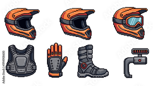 Pixel art motocross gear set featuring helmet, armored vest, gloves, boots, and action camera
