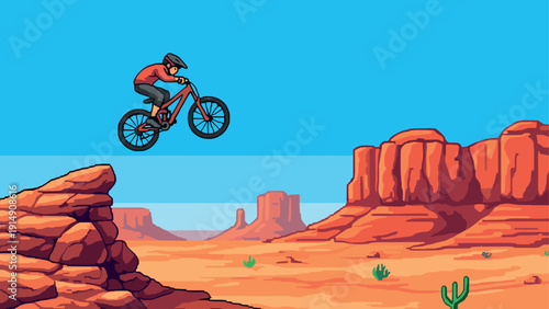 Pixel art mountain biking adventure in a desert landscape with red rock canyons