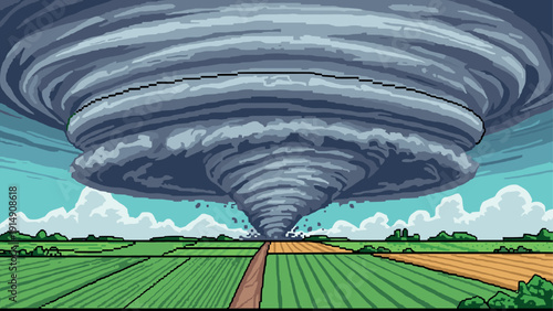 Pixel art tornado over farmland: retro storm scene with vortex and clouds