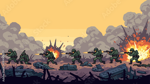 Pixel art soldiers in battle scene with explosions and smoke