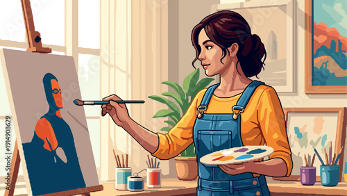 Artist painting in studio: creative woman working on canvas in bright room