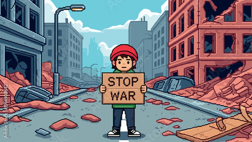 Pixel art anti-war protest: child holding stop war sign in urban ruins