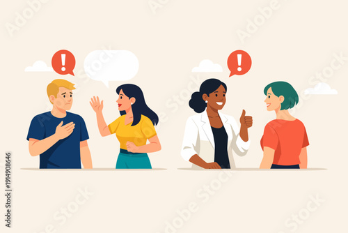 Communication Contrast: Conflict and Problem Discussion vs. Positive Feedback, Agreement, and Success Symbol. Flat Vector Illustration