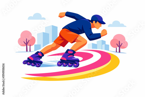 Dynamic Inline Skating Man in Speed Pose. Flat vector illustration of rollerblading fitness sport in an urban park environment.