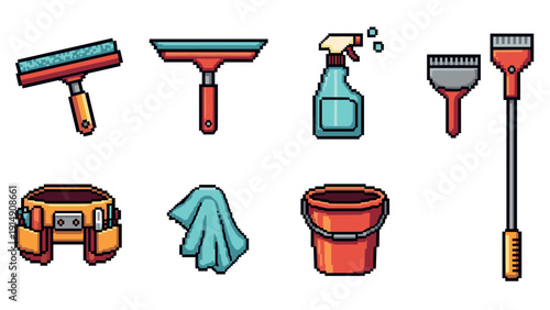 Pixel art collection of cleaning tools for digital projects and design