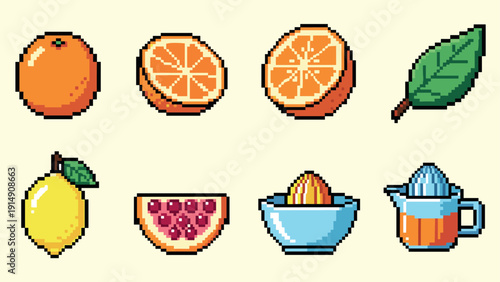 Pixel art citrus fruits and juicer with retro leaf design