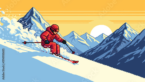 Pixel art skier in motion on snowy mountain with sunset background