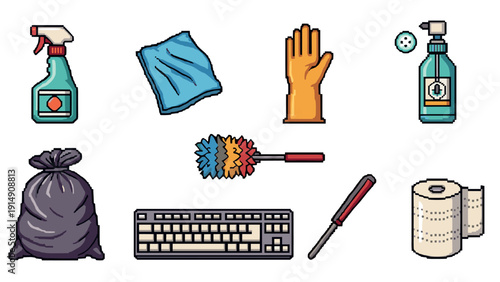 Pixel art cleaning essentials with household and office items