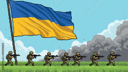 Pixel art soldiers marching with ukraine flag under blue sky